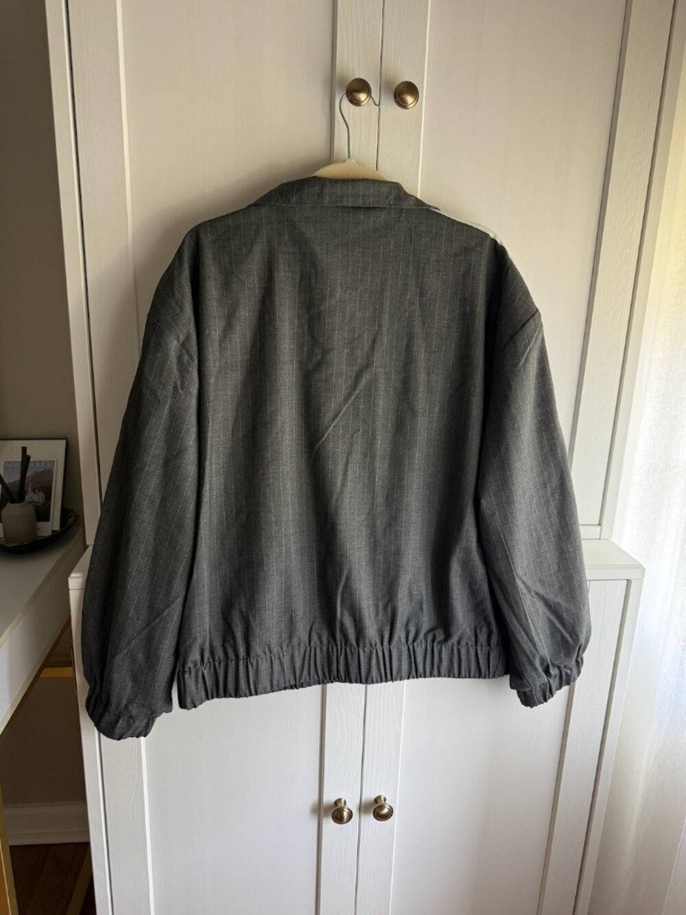 adidas Originals Gray Pinstripe Track Varsity Jacket with White Stripes - Picture 5 of 9